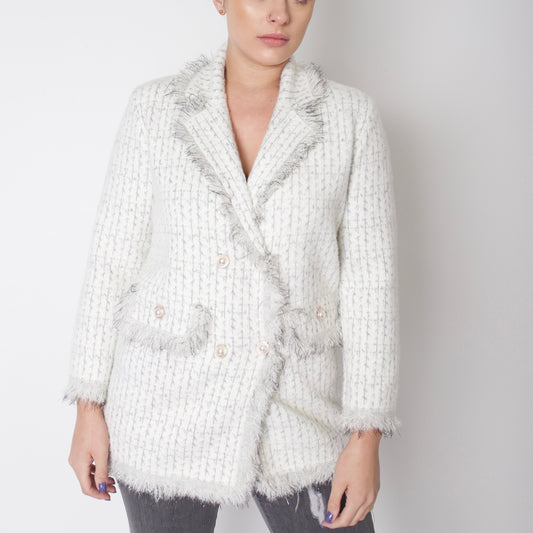 White and Grey Embellished Tweed Knit Blazer