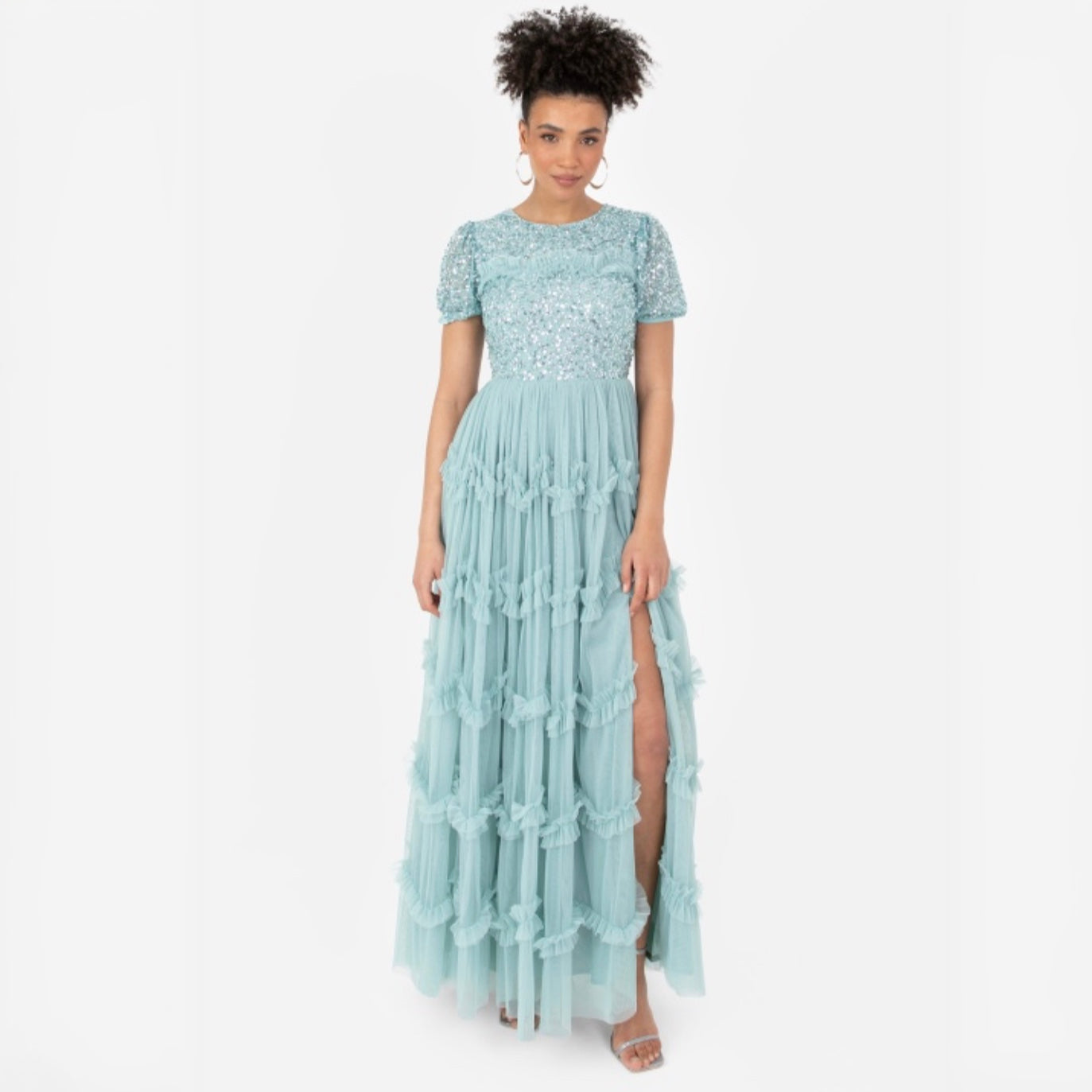 PRE-ORDER Light Blue Embellished Ruffle Maxi Dress