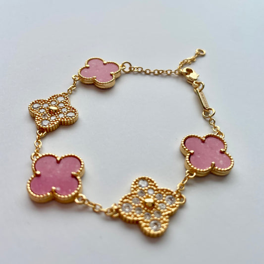Gold And  Dark Pink Clover Bracelet