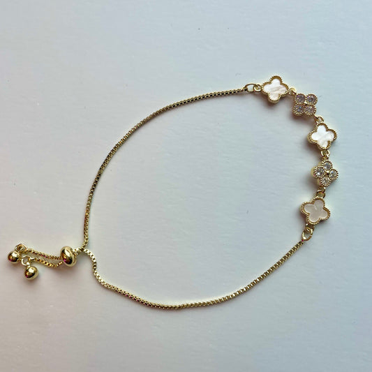 White And Gold Miniature Diamanté Clover Bracelet