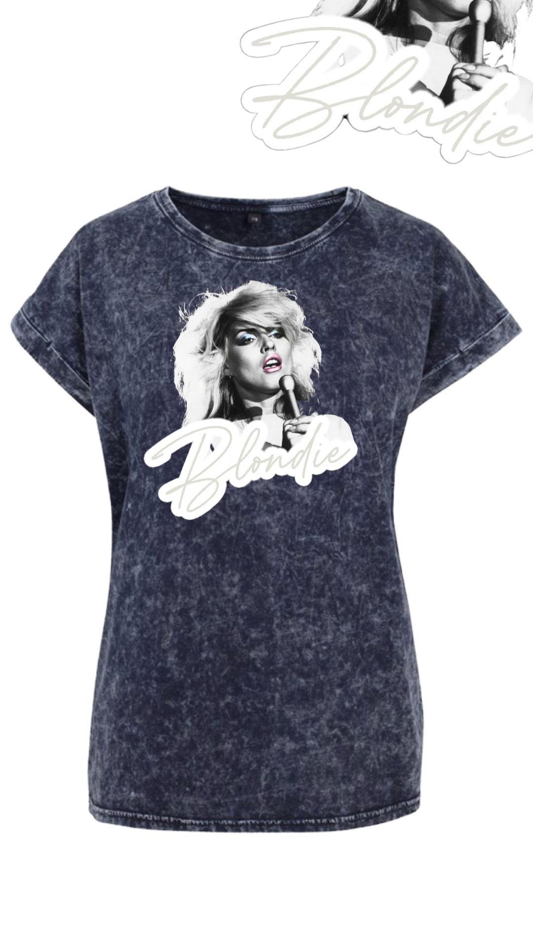 Blondie Print Fitted Capped Sleeve Acid Wash T-Shirt In Dark Blue