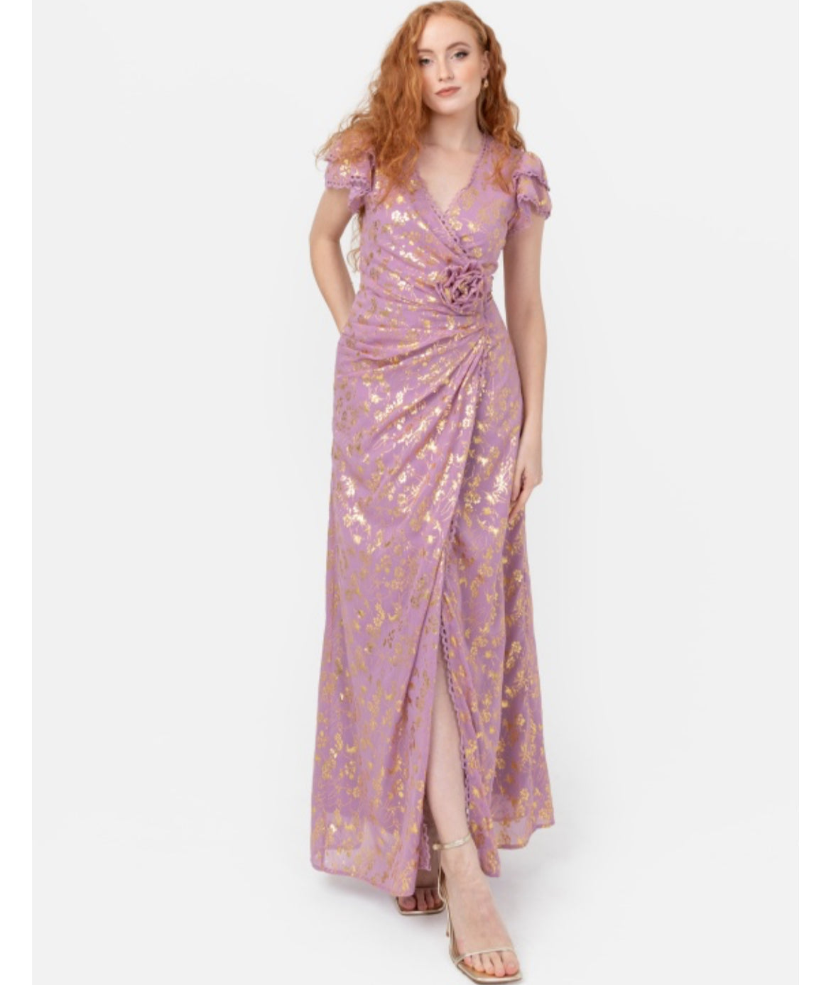 PRE-ORDER Soft Lilac And Gold Foil Faux Wrap Maxi Dress