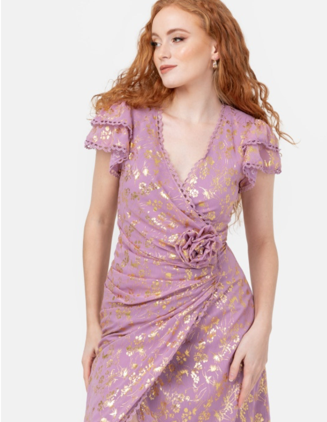 PRE-ORDER Soft Lilac And Gold Foil Faux Wrap Maxi Dress