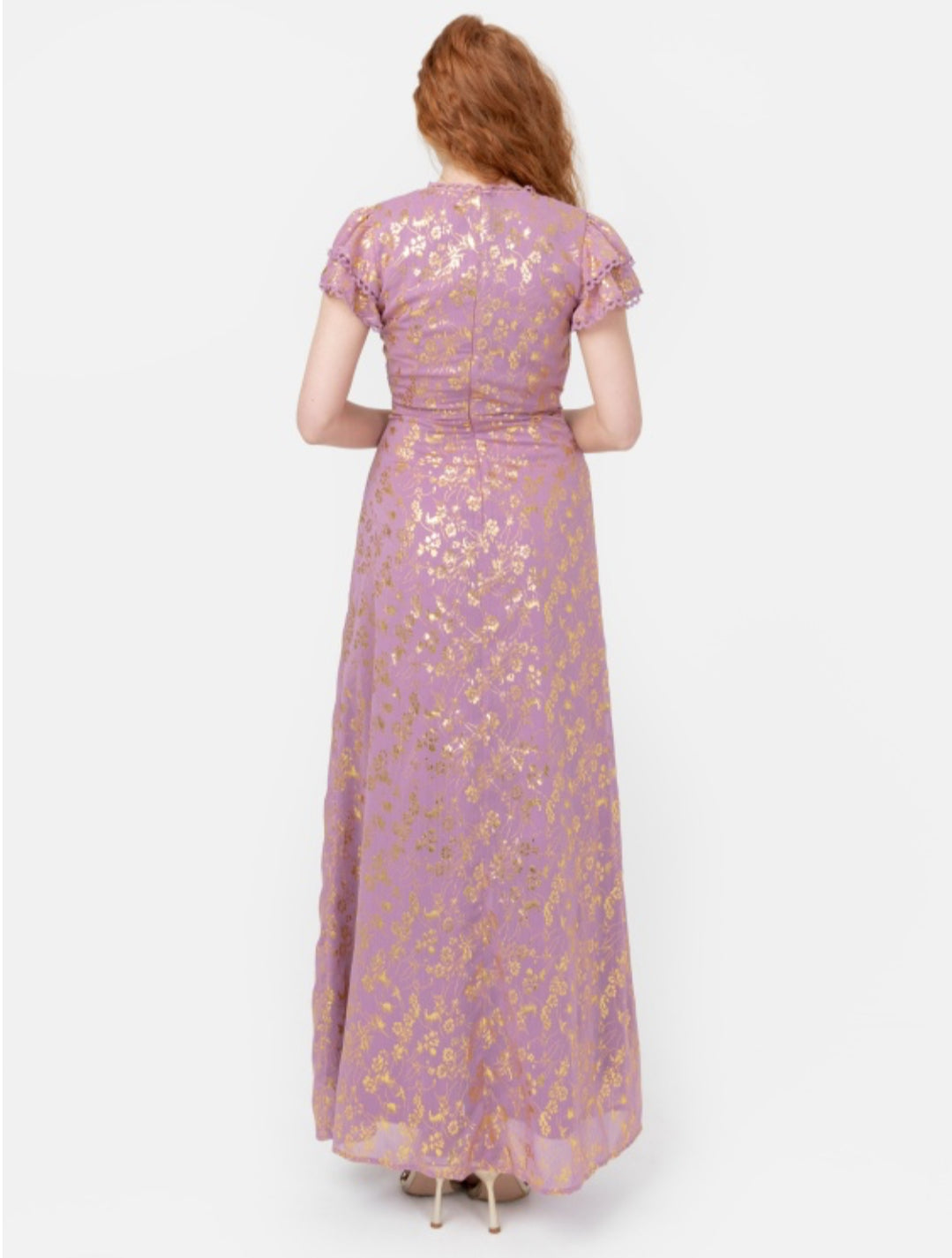 PRE-ORDER Soft Lilac And Gold Foil Faux Wrap Maxi Dress