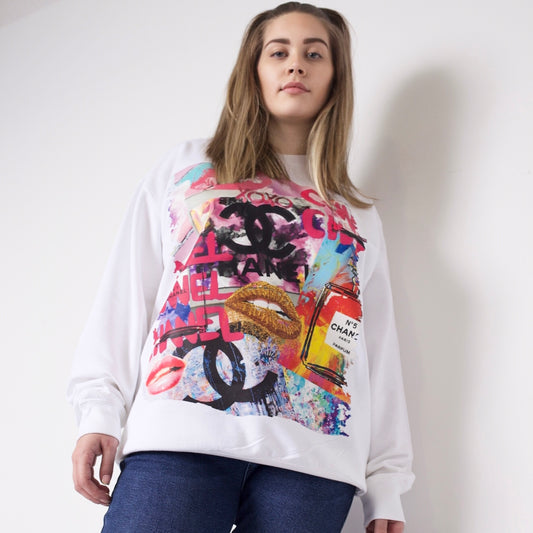 PRE-ORDER White Designer Vibes Lip Print Logo Oversized Sweatshirt (KTBOU Exclusive)