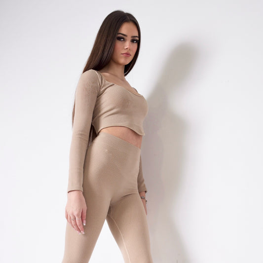 Beige Dip Front Long Sleeve Ribbed Co-Ord Gym Crop Top