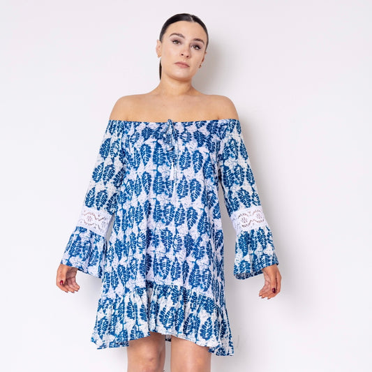 Bardot Style Leaf Print And Lace Tunic Sun Dress