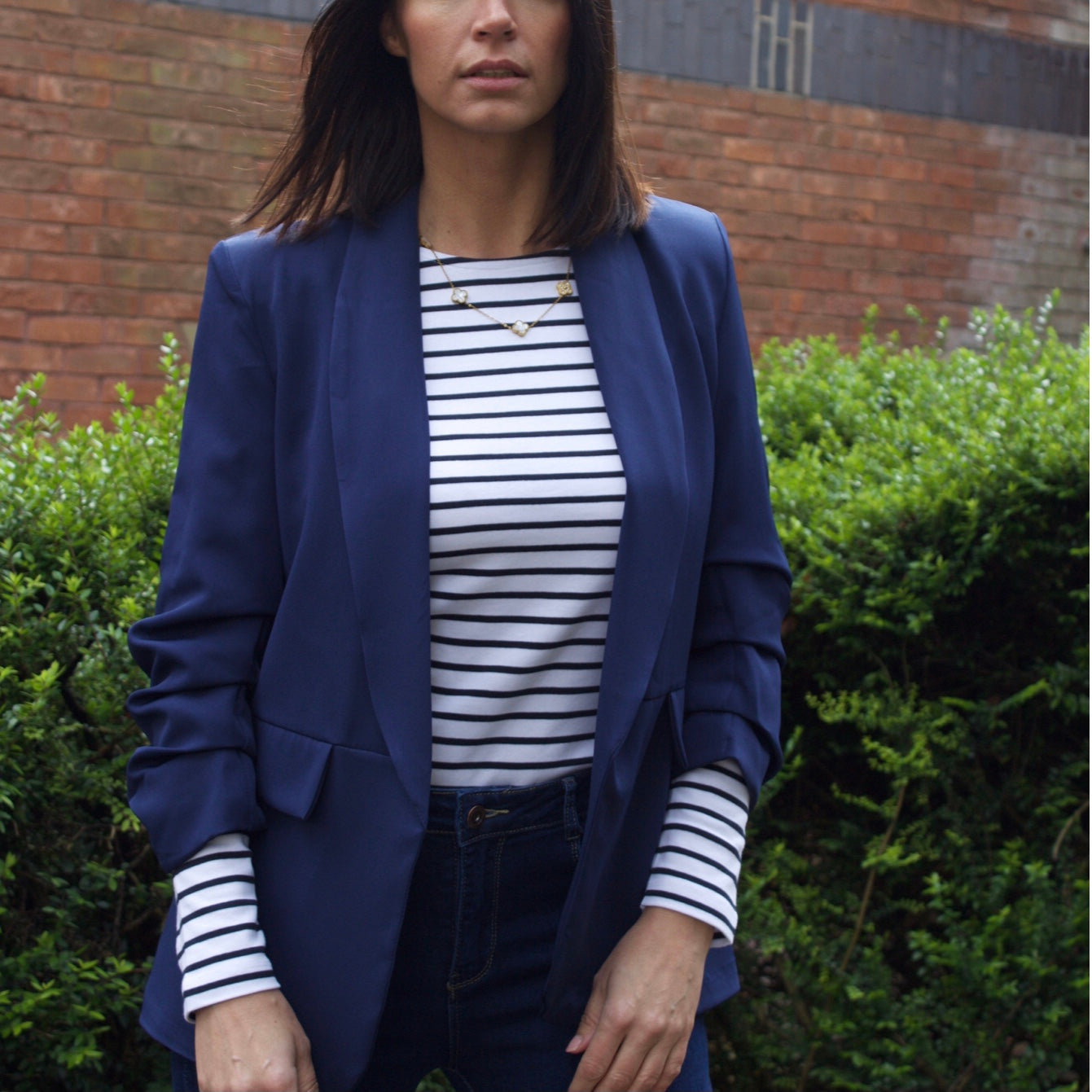 Navy Ruched Sleeve Blazer