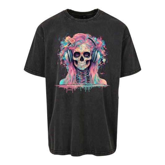 KTBOU Sugar Skull Print Acid Wash Oversized T-Shirt