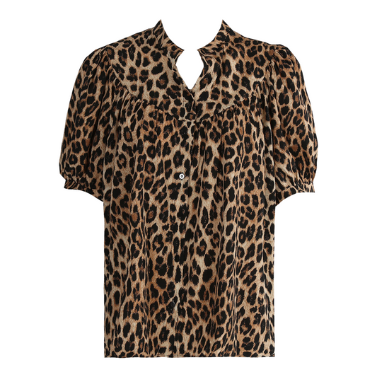 Leopard Print High Neck Short Sleeve Blouse