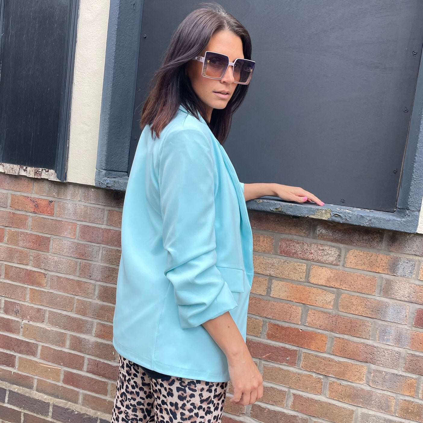 Bubblegum Blue Ruched Sleeve Blazer