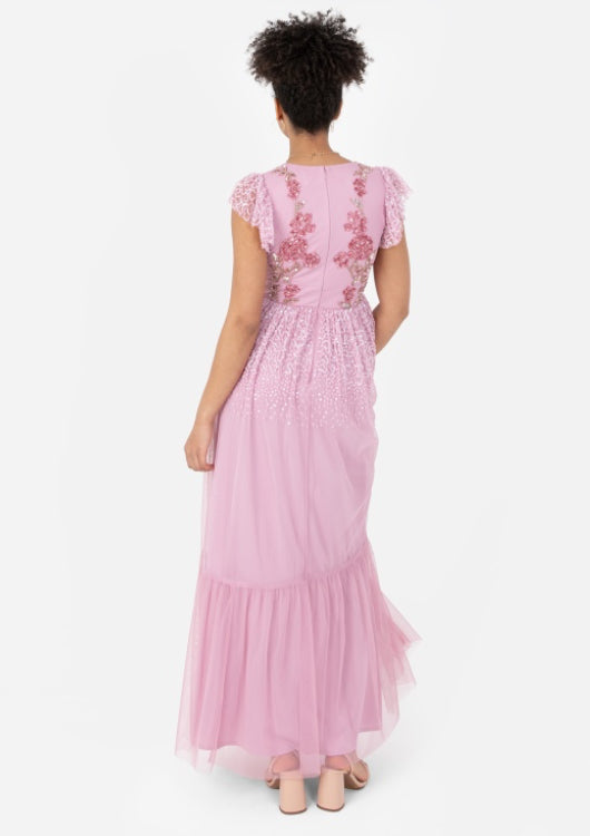 PRE-ORDER Pink Rose Embellished Flutter Maxi Dress