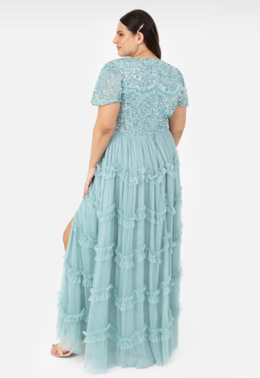 PRE-ORDER Light Blue Embellished Ruffle Maxi Dress