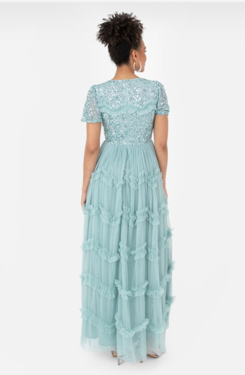 PRE-ORDER Light Blue Embellished Ruffle Maxi Dress