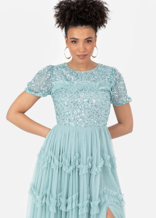 PRE-ORDER Light Blue Embellished Ruffle Maxi Dress