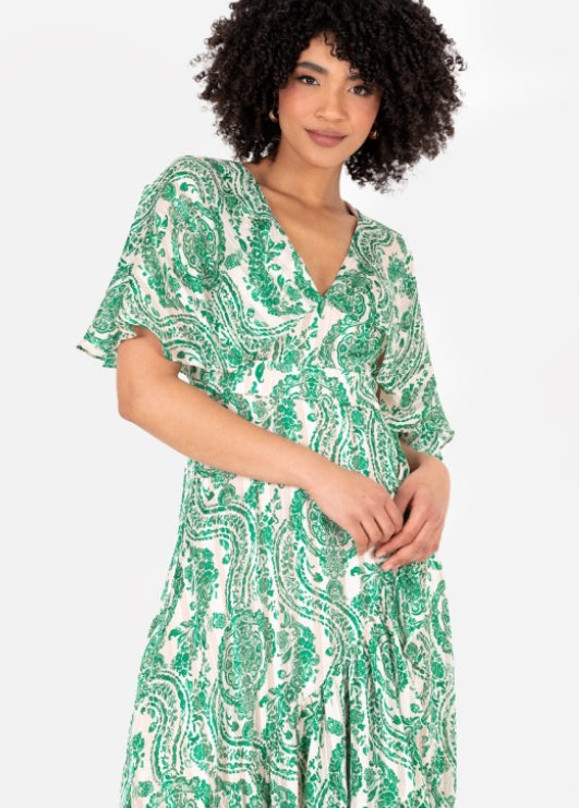 PRE-ORDER Green Paisley Print Cape Sleeve High-Low Midi Dress