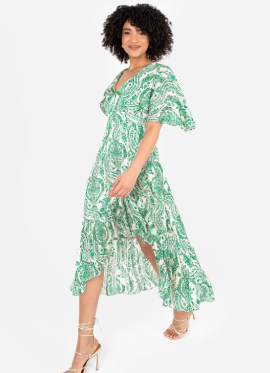 PRE-ORDER Green Paisley Print Cape Sleeve High-Low Midi Dress