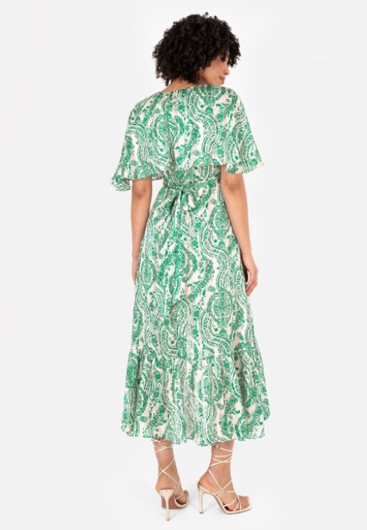 PRE-ORDER Green Paisley Print Cape Sleeve High-Low Midi Dress