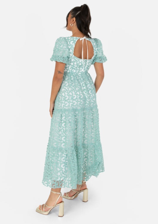 PRE-ORDER Mint Floral Embroidered Open Back Midi Dress