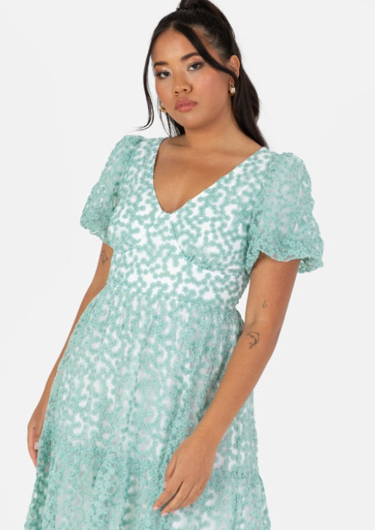 PRE-ORDER Mint Floral Embroidered Open Back Midi Dress