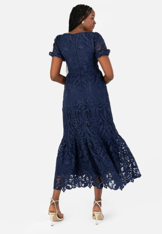 PRE-ORDER Navy Short Sleeve Lace Midi Dress