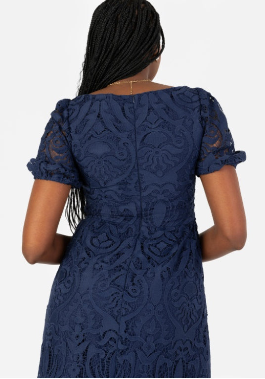 PRE-ORDER Navy Short Sleeve Lace Midi Dress