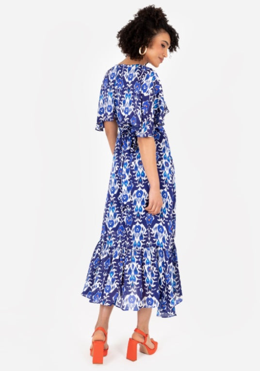 PRE-ORDER Blue Abstract Print Cape Sleeve High-Low Midi Dress