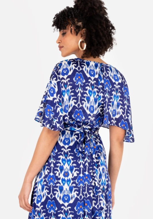 PRE-ORDER Blue Abstract Print Cape Sleeve High-Low Midi Dress