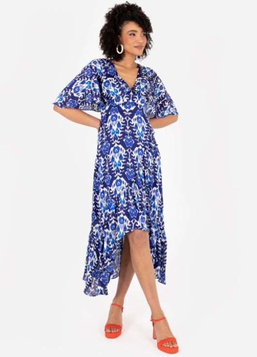 PRE-ORDER Blue Abstract Print Cape Sleeve High-Low Midi Dress