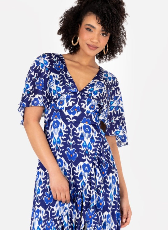 PRE-ORDER Blue Abstract Print Cape Sleeve High-Low Midi Dress