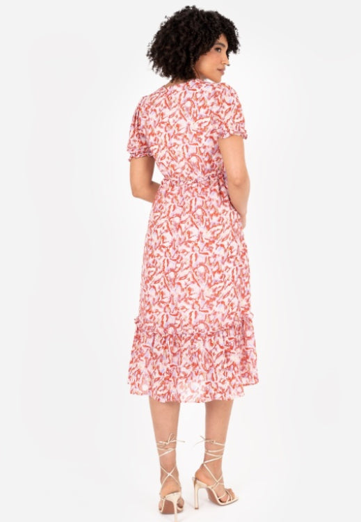 PRE-ORDER Red And Pink Abstract Print Round Neck Midi Dress With Gold Detail