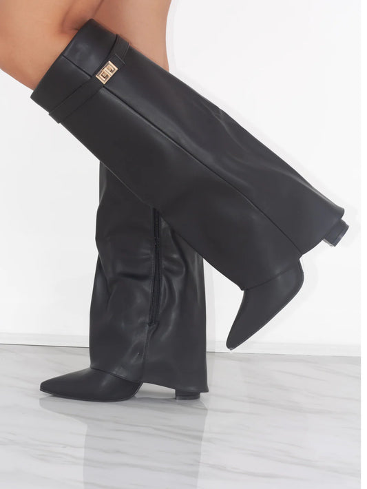 Black Faux Leather Fold Over Classic Buckle Knee High Boots