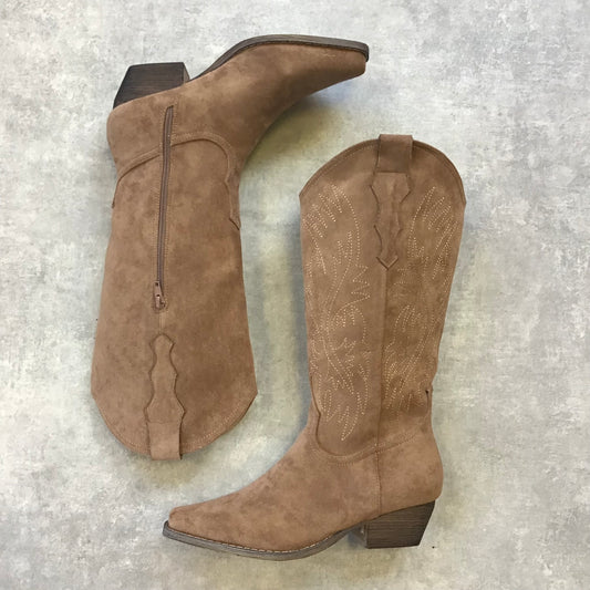 Camel Faux Suede Cowboy Boots