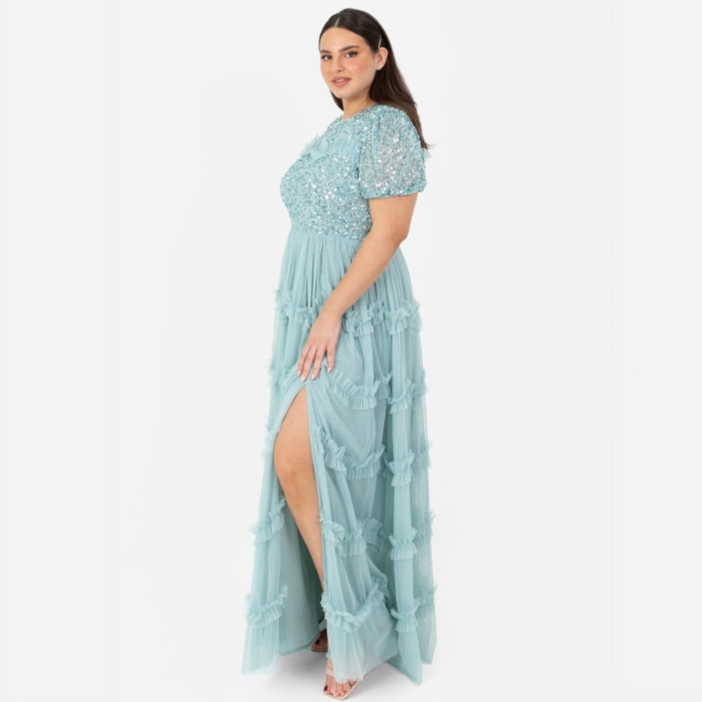 PRE-ORDER Light Blue Embellished Ruffle Maxi Dress