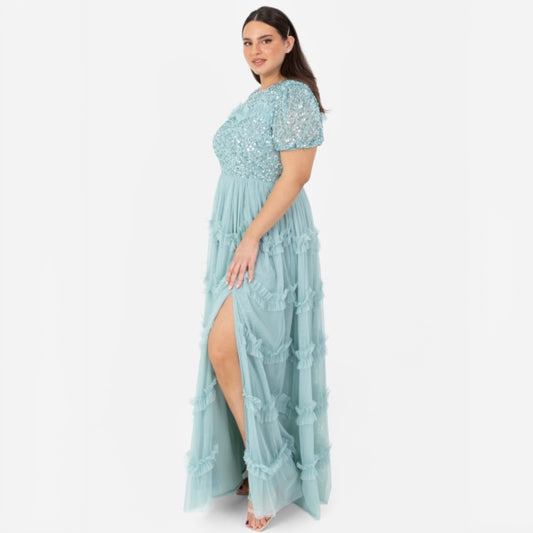 PRE-ORDER Light Blue Embellished Ruffle Maxi Dress