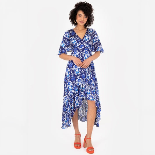 PRE-ORDER Blue Abstract Print Cape Sleeve High-Low Midi Dress