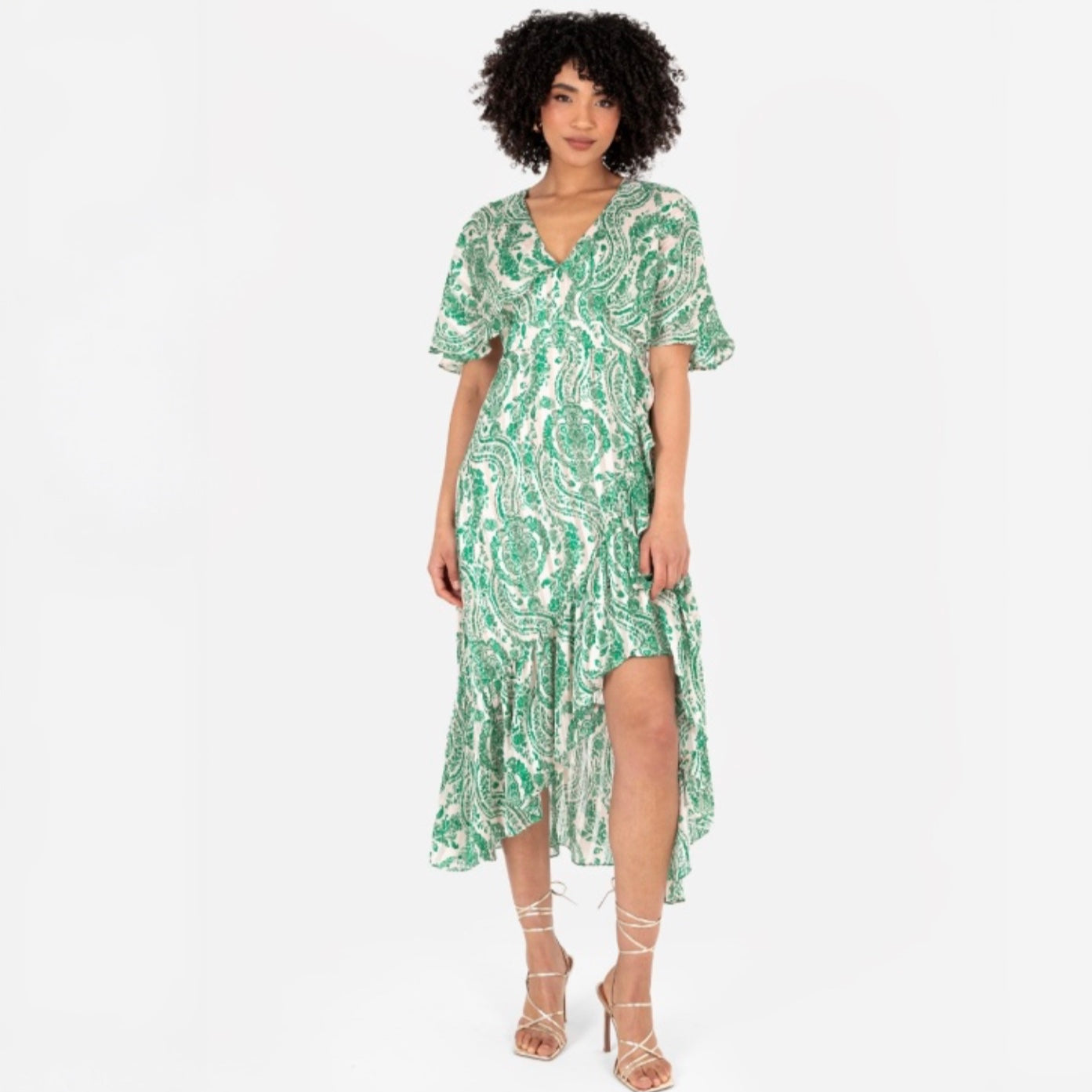 PRE-ORDER Green Paisley Print Cape Sleeve High-Low Midi Dress