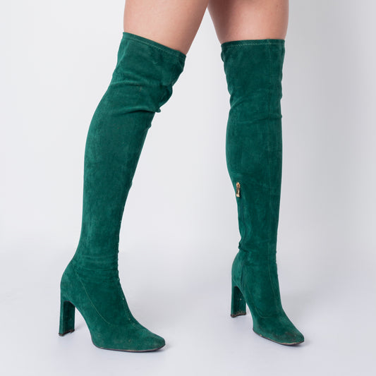 Dark Green Faux Suede Over Knee Heeled Boots