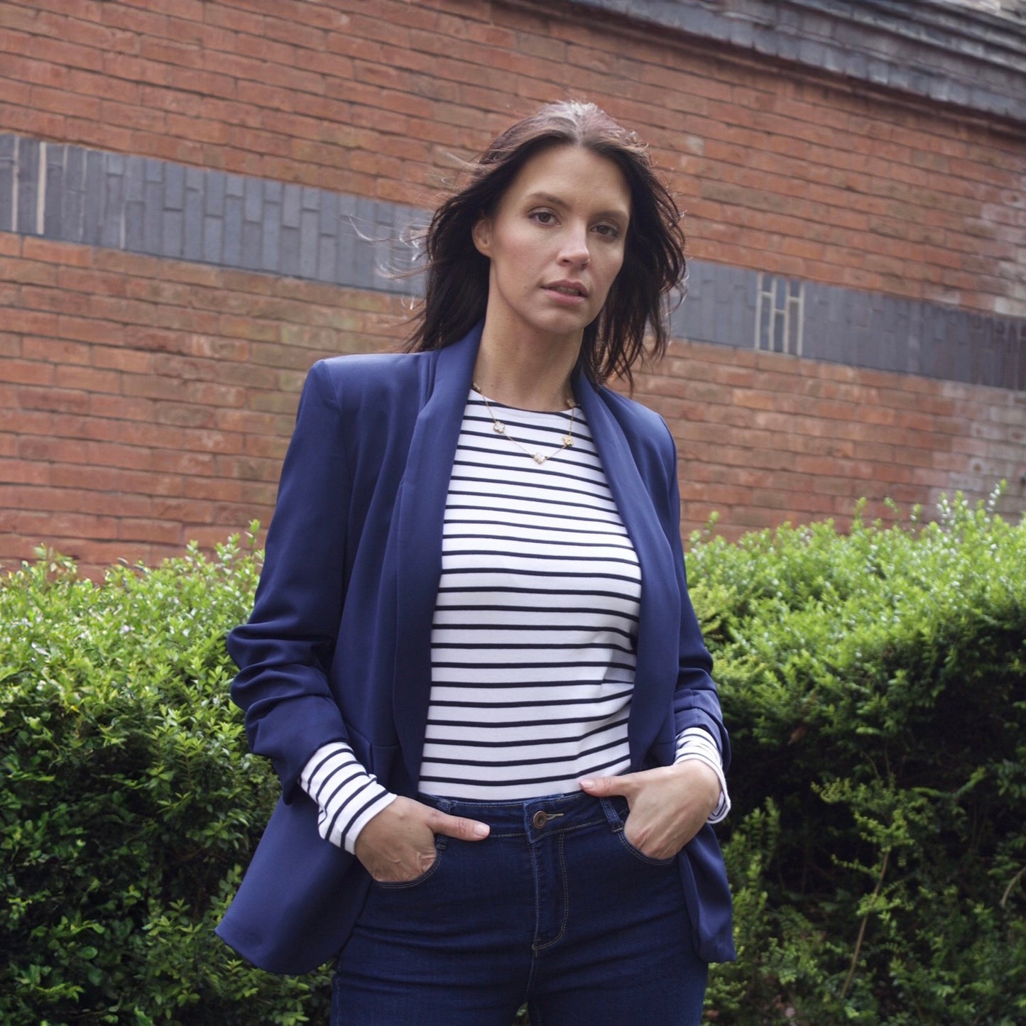 Navy Ruched Sleeve Blazer