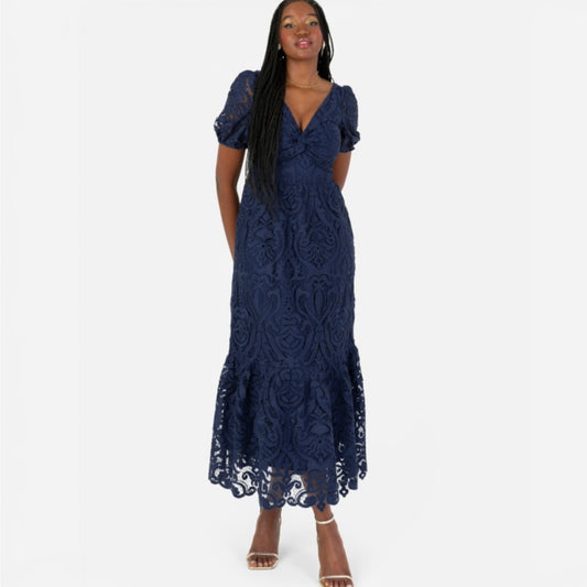 PRE-ORDER Navy Short Sleeve Lace Midi Dress