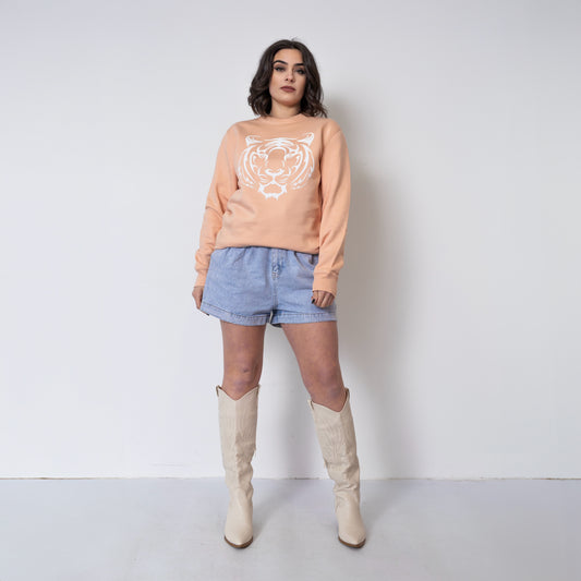 Peach Sweatshirt With White Tiger Face Print