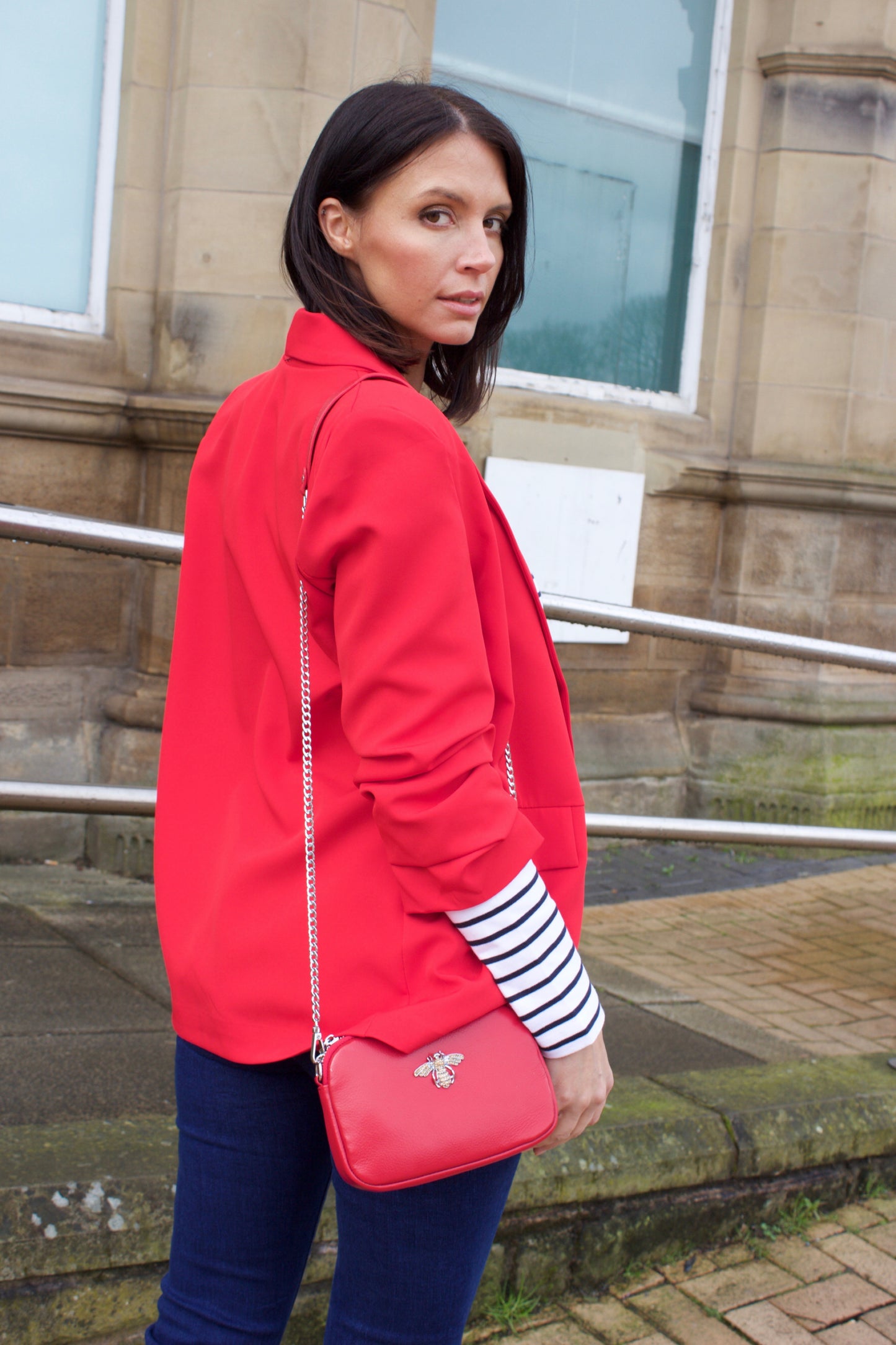 Red Ruched Sleeve Blazer