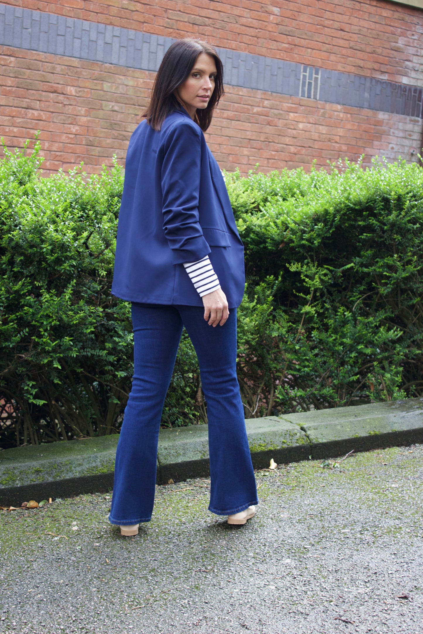 Navy Ruched Sleeve Blazer