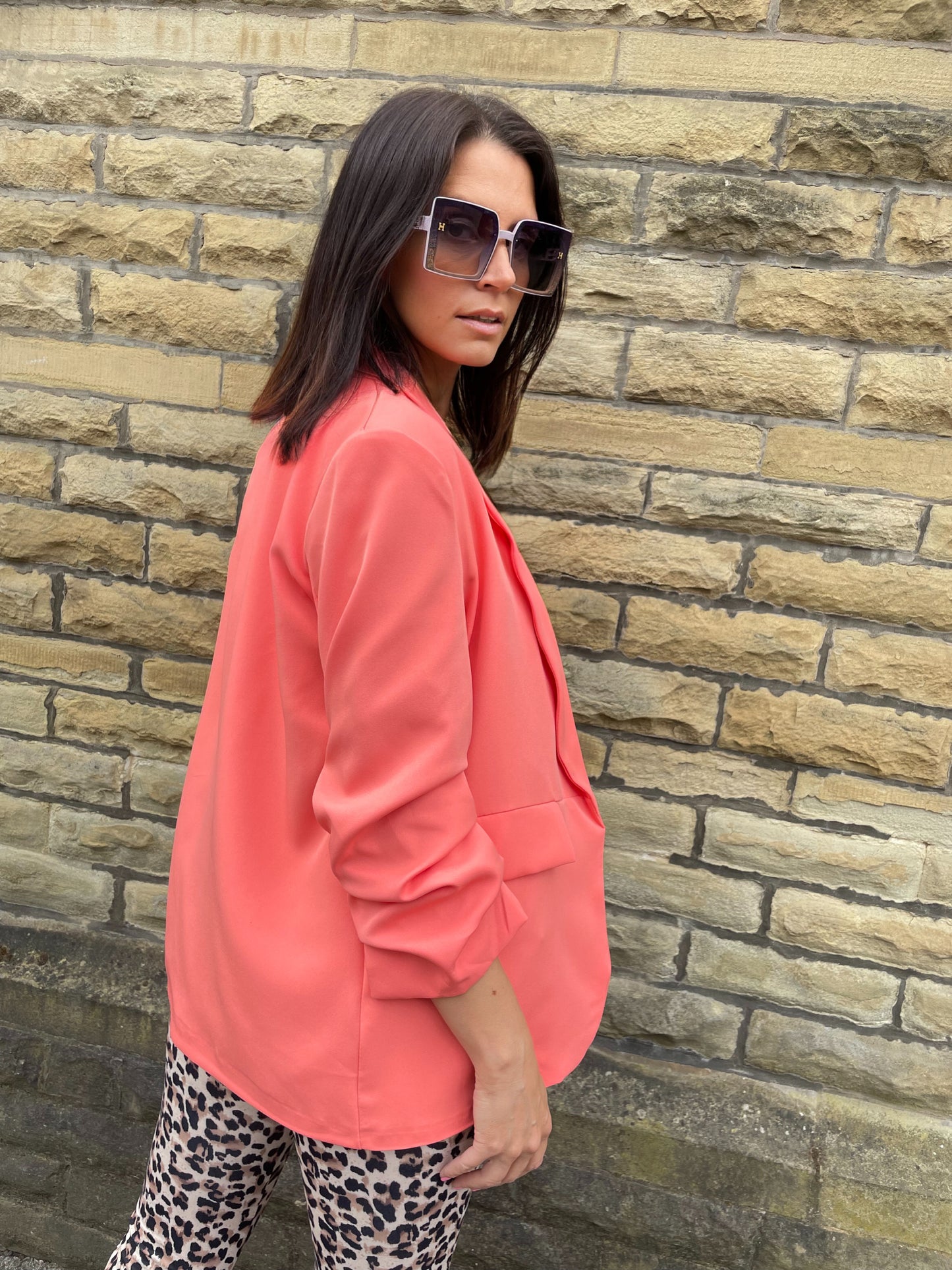 Coral Ruched Sleeve Blazer