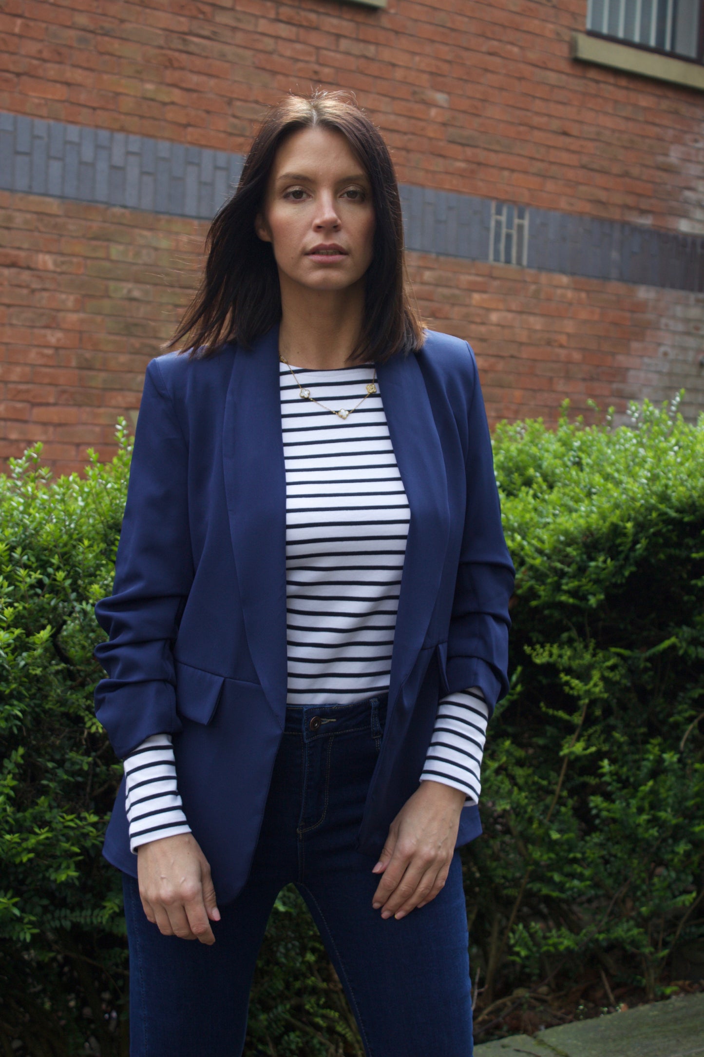 Navy Ruched Sleeve Blazer