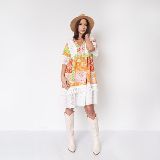 Floral Print With Lace Trim Smock Dress In Orange & Pink