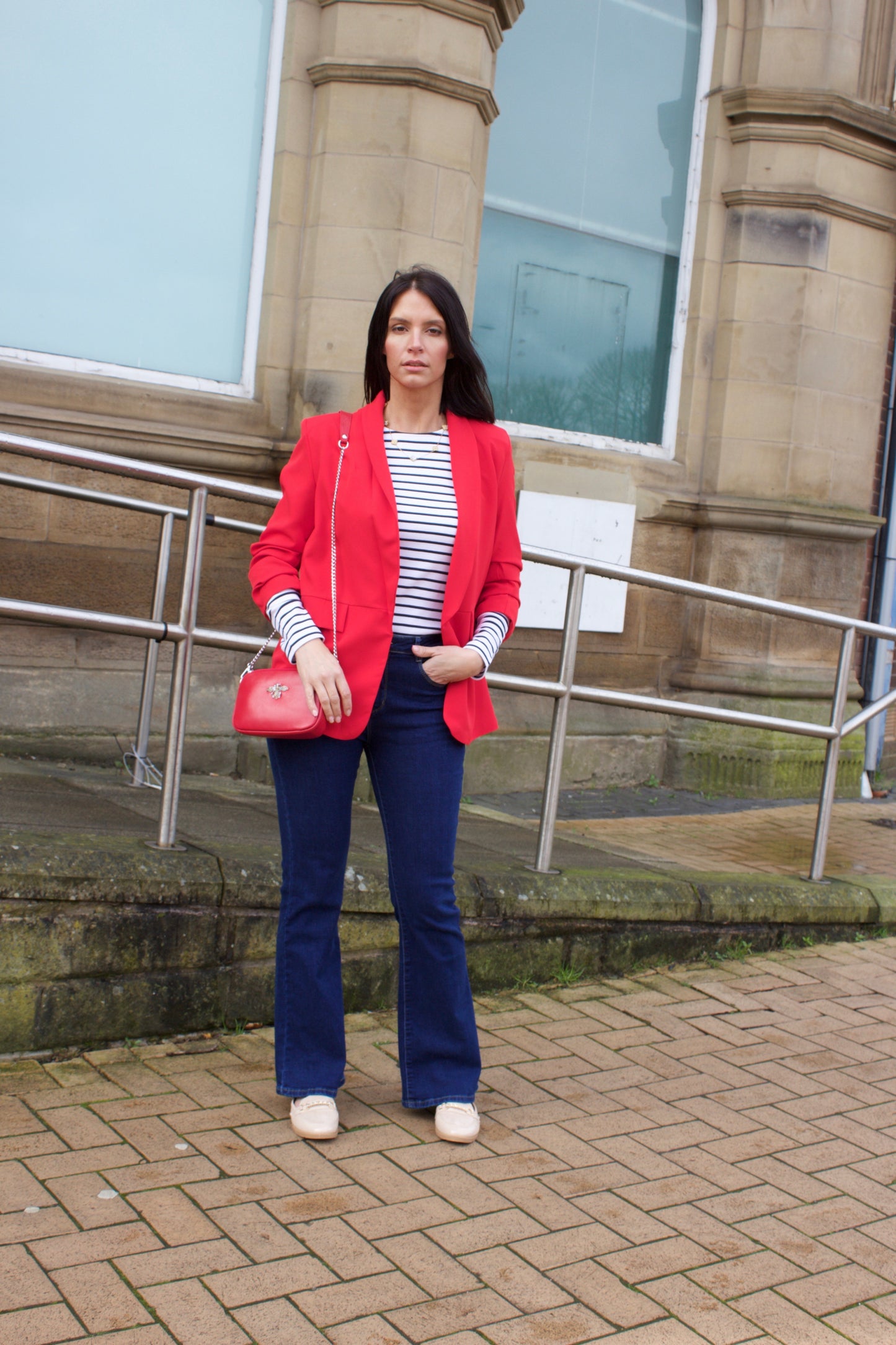 Red Ruched Sleeve Blazer