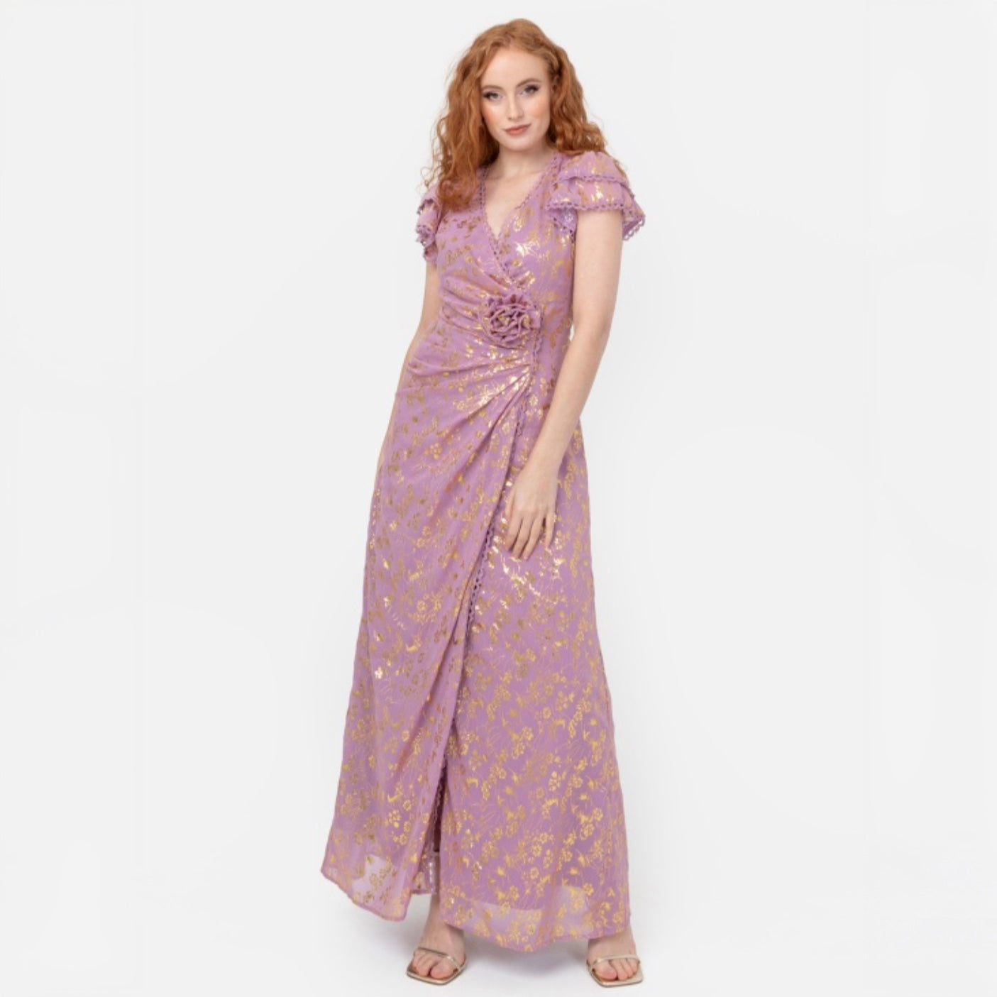 PRE-ORDER Soft Lilac And Gold Foil Faux Wrap Maxi Dress