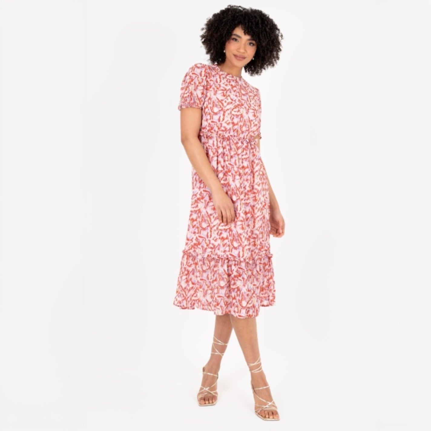 PRE-ORDER Red And Pink Abstract Print Round Neck Midi Dress With Gold Detail