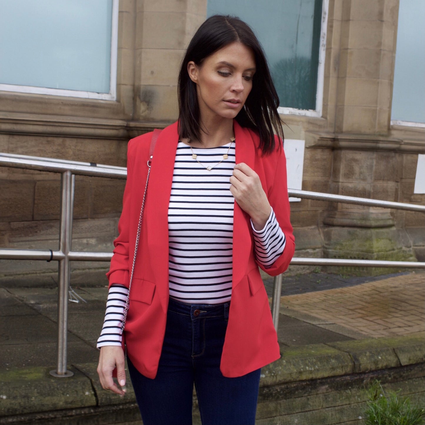 Red Ruched Sleeve Blazer